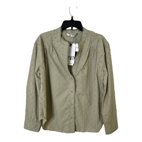 Zara Women Size M Blouse  V Neck Embroidered Long Sleeve Shirt Light Green olive - Picture 1 of 13